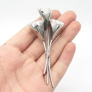 925 Sterling Silver Vintage Lily Floral Pin Brooch