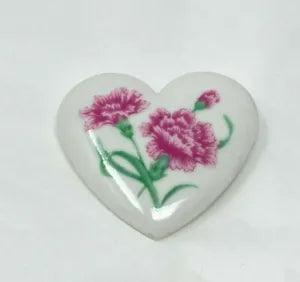Vintage Signed AVON Ceramic Heart Pin with Pink Carnation Flowers