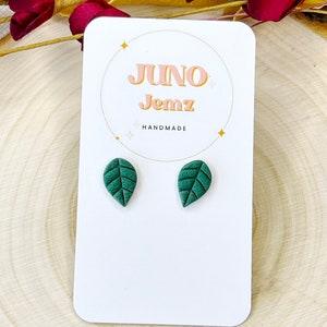 Forest Green Leaf Studs, Polymer Clay Earrings, Handmade Earrings, Fall Earrings Leaf, Garden Earrings
