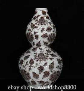 14.4" Chinese Underglaze red Porcelian Peony Flower Gourd Vase Bottle