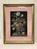 FRAMED TAPESTRY Still Life Pink Peony Flowers Pink Taffeta Matt Gold Glitz Frame
