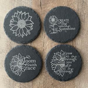 Sunflower Inspirational Slate Coasters , Set of 4, Wedding Gifts, Drink Coasters, Personalized, Engraved, Motivational