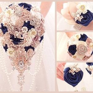 Navy blue bouquet. Rose gold brooch bouquet. Cascade bouquet. Wedding bouquet. Champagne teardrop bouquet. Jeweled bouquet