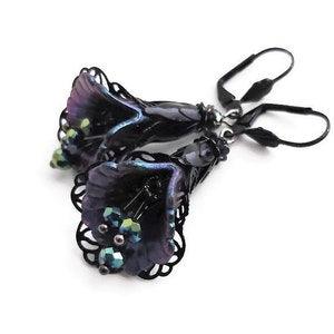 Iridescent Dark Purple Orchid Earrings, Hand Painted Black Filigree Gothic Earrings, Romantic Nature Jewelry, Peacock Blue Botanical Earring