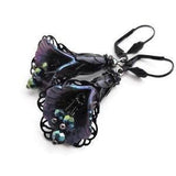 Iridescent Dark Purple Orchid Earrings, Hand Painted Black Filigree Gothic Earrings, Romantic Nature Jewelry, Peacock Blue Botanical Earring