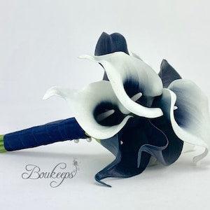 CHOOSE RIBBON COLOR - Navy Blue Calla Lily Bouquet, Real Touch Picasso Navy Blue Calla Lily Bouquet, Navy Blue, Wedding, Real Touch Navy