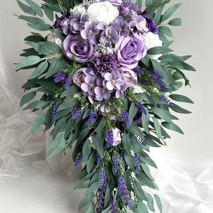 Cascading Wedding Bouquet Purple Lavender Eucalyptus Bridal weddings Bouquets Faux Silk Wedding Flowers Cascade Bouquet Peony Rose Lavenders
