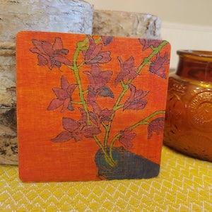 Blue orchid painting - combination wood burning and watercolor - original small floral art decor - 4" x 4"
