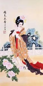 #049 ORIGINAL FIGURE FINE ART CHINESE WATERCOLOR PAINTING-Peony flower&Beauty