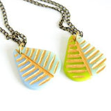 Leaf Necklace, plant lover statement necklace, fused glass pendant necklace in blue, green w/ gold, boho layering necklace, handmade jewelry
