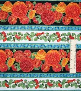 Ranunculus Fabric - Arcadia Orange & Blue Floral Stripe - Timeless Treasures 18"