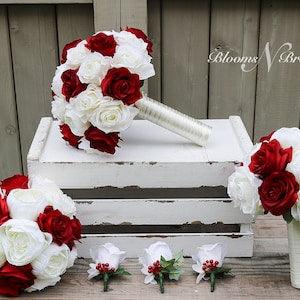 Ivory and Red Wedding Bouquet, Wedding Flowers, Bridesmaid Bouquets, Wrist Corsage, Wedding Flower Package