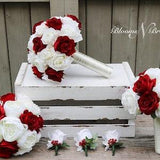 Ivory and Red Wedding Bouquet, Wedding Flowers, Bridesmaid Bouquets, Wrist Corsage, Wedding Flower Package