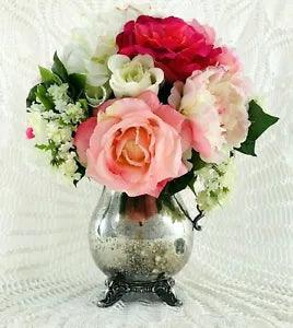Mothers Day Floral Arrangement Shabby Chic Silver Plated Water Pitcher Pink Rose
