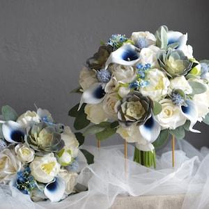 Dusty Sage Succulent & Navy Wedding Bouquet, Navy Ivory Bridal Bouquet, Real Touch Faux Flowers, Peonies, Roses, Calla Lily, Lamb's Ear