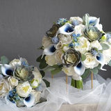Dusty Sage Succulent & Navy Wedding Bouquet, Navy Ivory Bridal Bouquet, Real Touch Faux Flowers, Peonies, Roses, Calla Lily, Lamb's Ear