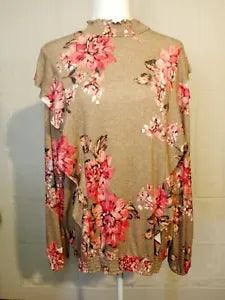 Maurices 1X Long Sleeve Brown Long Sleeve Top With Pink Carnation Flower Design