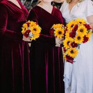 Faux Sunflower Bridal Bouquet, Artificial Burgundy Bridal Flowers, Rustic Bridal Bouquet with Burgundy and Sunflowers