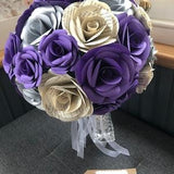Paper roses wedding bouquet, handheld bouquet purple, silver and book page themed, Rose Bouquet,paper flowers, bridal bouquet, bridesmaids
