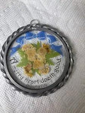 Pressed Flowers Round Glass Ornament A Merry Heart Doeth Good 3.5 Inches Pewter