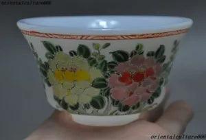 Chinese Glass Colored glaze Painted Peony flower Bird Statue Bowl Teacup Bowls