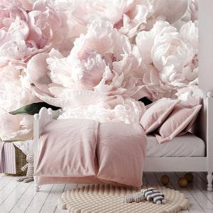 Tender Peony Wallpaper, floral wallcovering dramatic floral wall mural, self adhesive,  Bouquet of white peony removable Wallpaper