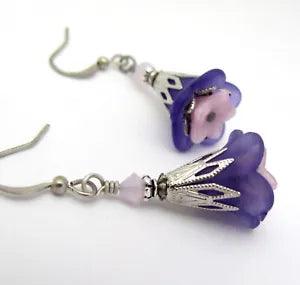 Purple FLOWER EARRINGS Lilac Czech Glass Crystal Antiqued Brass Lily Silver Plt.