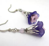Purple FLOWER EARRINGS Lilac Czech Glass Crystal Antiqued Brass Lily Silver Plt.
