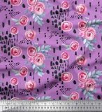 Soimoi Purple Cotton Poplin Fabric Brush Stroke & Ranunculus Floral-bXP