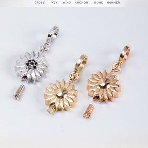 Sunflower Cremation Urn Pendant in 14K 18K Real Gold, Personalized Memorial Diamond or Cz Flower Ashes Charm for European Bracelet Necklace