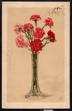 BR073 BUNCH of PINK & RED CARNATIONS in VASE Fine LITHO MEISSNER & BUCH 1948