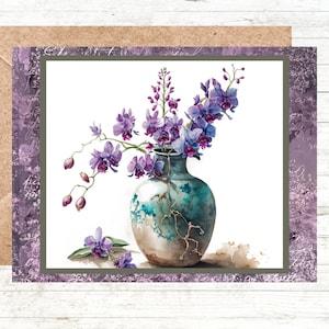 Exotic Purple Orchids in Vase Notecards with Envelopes, Blank Folded Notecards