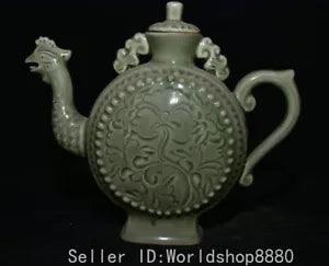 8.4" Old Chinese Song Dynasty Ru Kiln Porcelain Peony Flower Phoenix Head Teapot