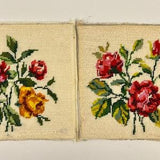 Set of two floral needlepoint pictures, pair of unframed vintage handmade square embroidery, roses