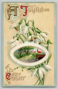 c 1910 Joyous Easter Embossed Vintage Postcard Lilies w/ Pastoral Church B 57