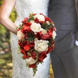 Winter Wedding Cascade Bridal Bouquet Red White Gold - Pine Real Touch Roses Brooches - Add Groom Boutonniere Bridesmaid Bouquet & More!