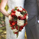 Winter Wedding Cascade Bridal Bouquet Red White Gold - Pine Real Touch Roses Brooches - Add Groom Boutonniere Bridesmaid Bouquet & More!