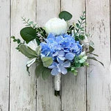 Boho peony bridesmaid bouquet, white roses & sky blue hydrangea with eucalyptus bridal flowers, boho silk artificial wedding flowers