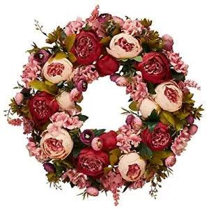 ?19 Inch Artificial Peony Wreath Blooming Silk Flower Peonies Flower Green