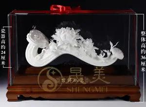 14" Chinese Dehua White Porcelain Carving Tree Peony Flower Ruyi Ru Yi Statue