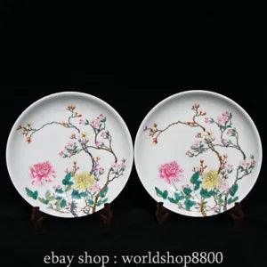 8.6???Old Chinese Yongzheng pastel porcelain peony flower plate tray dish pair