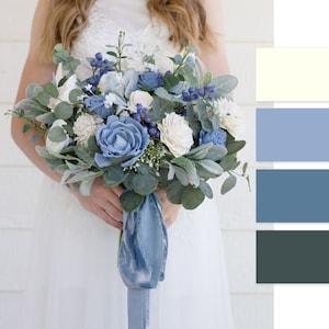 Wood Flower Bridal Bouquet | Sola Wood Wedding Flowers | ELLA Collection in Dusty Blue and Soft White with Green