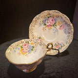RARE Gorgeous Royal Albert Pastel Pink Floral Cabbage Rose Bouquet Heavy Gold Gilded Vintage Teacup, Wide Brim Avon Shaped, Great Condition