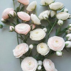 White or pink paper ranunculus with buds for home decor, gift for her