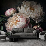 Beautiful dark floral wall mural, peony bouquet wallpaper, self adhesive, peel and stick, removable or traditional, vinyl wallpaper