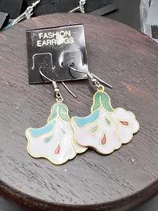 Cloisonn??? Fish Hook Enameled White Lily Flower Multicolored Dangle Earrings