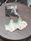Cloisonn??? Fish Hook Enameled White Lily Flower Multicolored Dangle Earrings