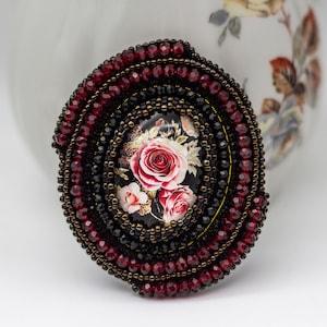 Embroidery Seed Bead Brooch, Bouquet Brooch, Royalcore Jewelry, Red Black Brooch Pin, Handmade Bling Brooch, Roses Beaded Brooch