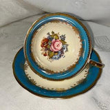 AYNSLEY CUP & Saucer Turquoise With Pink rose Bouquet Gold Trim Signed JA Bailey 2 of 2 Available