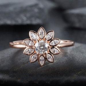 Vintage Sunflower Moissanite Engagement Ring Solid Rose Gold Bezel Setting Marquise Cut Round Moissanite Wedding Anniversary Promise Ring